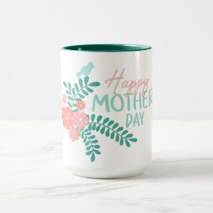 Gelukkige moedersdag tekst bloemen en vogels mok