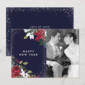 Gelukkige Nieuwjaar Marine Rode Witte Bloemen Foto Feestdagenkaart (Voorkant / Achterkant)