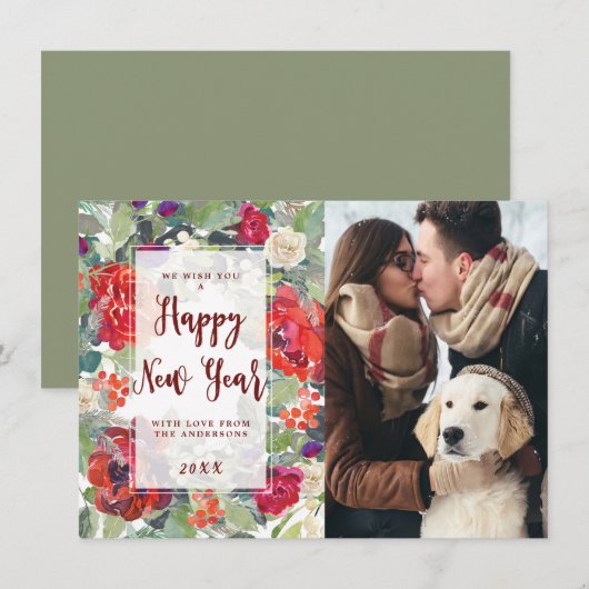 Gelukkige Nieuwjaar Winter Bloemengroen Fotokaart Feestdagenkaart (Voorkant / Achterkant)