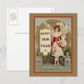 Gelukkige Nieuwjaarsfee met trompet en banner Feestdagenkaart (Voorkant / Achterkant)