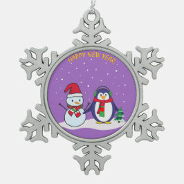 Gelukkige Nieuwjaarspinguïn, sneeuwman Tin Sneeuwvlok Ornament