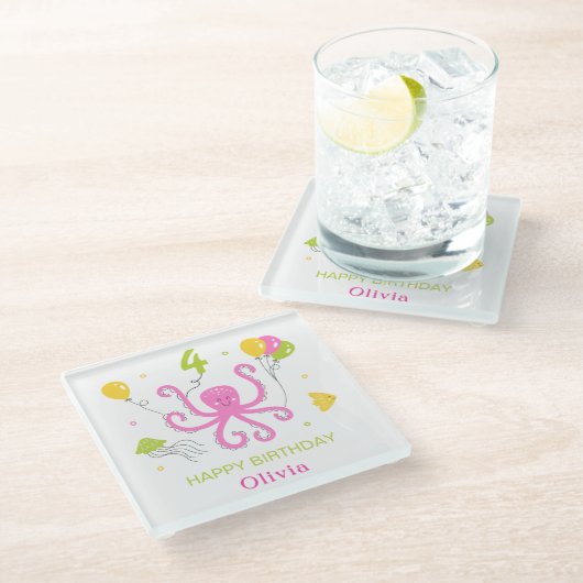 Gelukkige Octopus Verjaardag Glazen Onderzetter (Schuin)