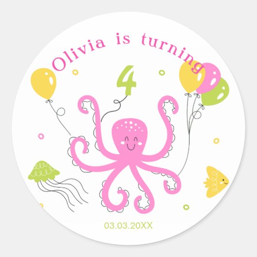 Gelukkige Octopus Verjaardag Ronde Sticker (Voorkant)