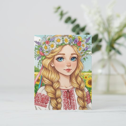Gelukkige Oekraïense Meisje Bloem Krans Briefkaart (Staand voorkant)