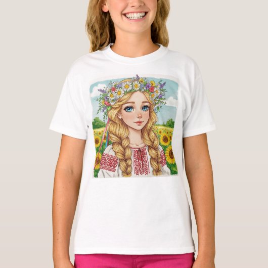 Gelukkige Oekraïense Meisje Bloem Krans T-shirt (Voorkant)