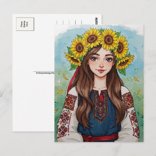 Gelukkige Oekraïense Meisje Zonnebloem Krans Brief Briefkaart (Voorkant / Achterkant)