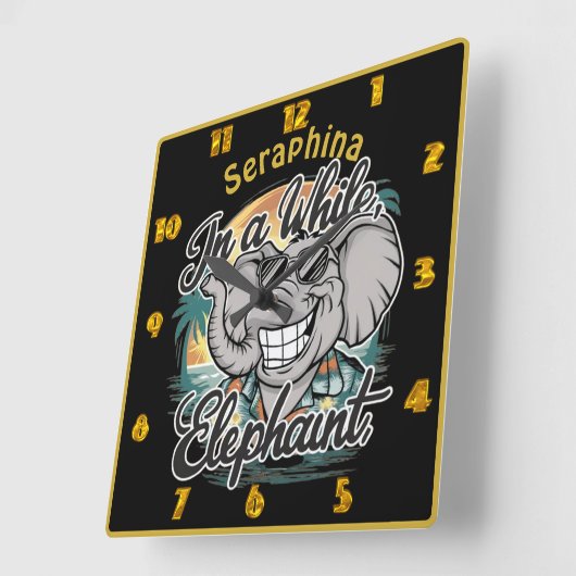 Gelukkige olifant op het zonnige strand vierkante klok (Hoek)