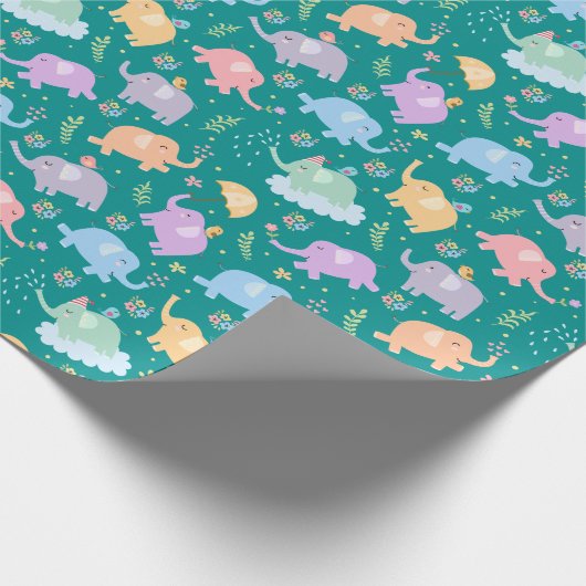 Gelukkige Olifant Tuin Feest met Paraplu Bloemen Cadeaupapier (Hoek)