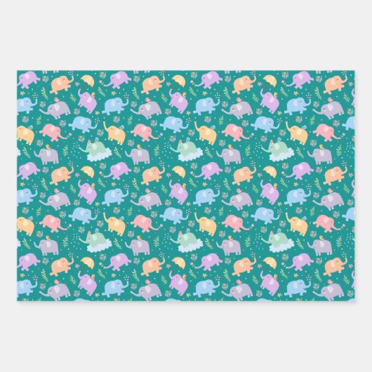 Gelukkige Olifant Tuin Feest met Paraplu Bloemen Inpakpapier Vel (Voorkant 2)