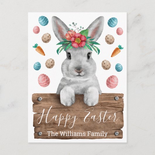 gelukkige oosterbunny met houten bord en eieren briefkaart (Voorkant)