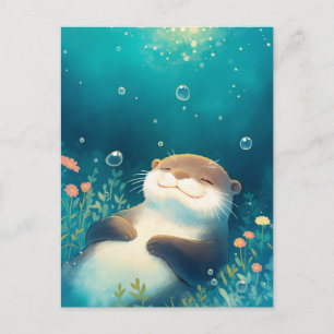 Gelukkige Otter Drijvend in Dromerig Blauw Water Briefkaart