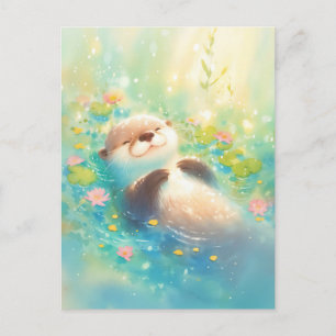 Gelukkige Otter Drijvend in Roze Waterlelie Vijver Briefkaart