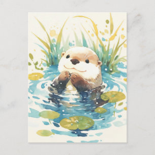 Gelukkige Otter in Aquarel Lelie Vijver Briefkaart