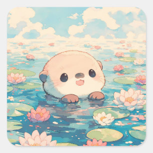 Gelukkige Otter in Lotusbloem Vijver Vierkante Sticker