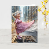 Gelukkige oude dame op een straat vent kaart (Gele Bloem)