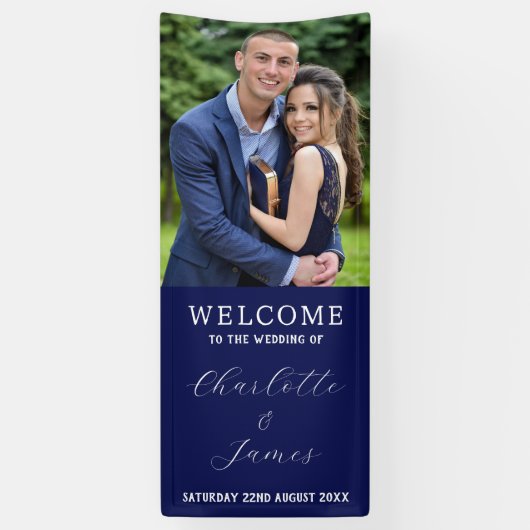 Gelukkige paar foto | Blue Wedding Welcome Banner (Verticaal)