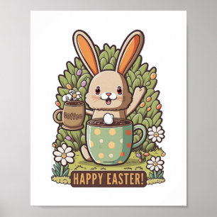 Gelukkige paashaas bloemenei jacht koffie liefhebb poster