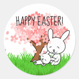 Gelukkige paashaas kersenbloesemboom ronde sticker