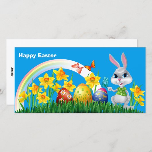 Gelukkige paashaas met gekleurde eieren feestdagenkaart (Voorkant / Achterkant)
