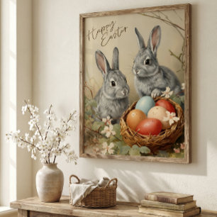  Gelukkige paashaasjes met paaseieren in mand  Poster