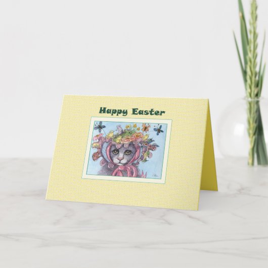 Gelukkige paaskaart, kat in een paashaas feestdagen kaart (Voorkant)