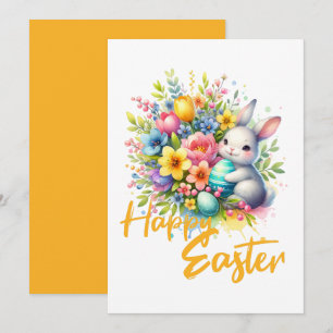 Gelukkige paaslente bloem met schattig konijntje feestdagenkaart