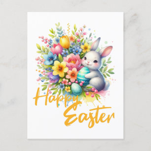 Gelukkige paaslente bloem met schattig konijntje feestdagenkaart