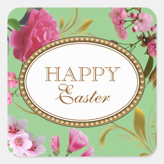 Gelukkige Paasroze bloemen Vierkante Sticker (Voorkant)