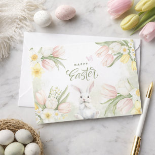 Gelukkige paastulpen, narcissen en paashaas feestdagenkaart