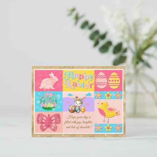 Gelukkige Paasvreugde met Bunny, Kuiken, Eieren & Feestdagenkaart (Staand voorkant)