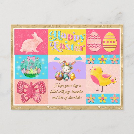 Gelukkige Paasvreugde met Bunny, Kuiken, Eieren &  Feestdagenkaart (Voorkant)