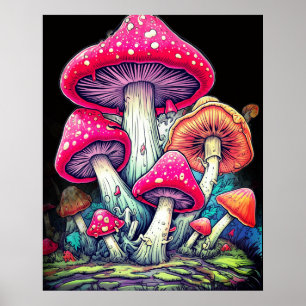 Gelukkige Paddenstoelen Op Een Zwarte Achtergrond Poster