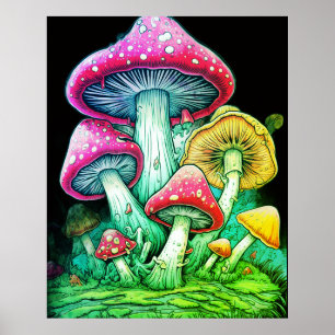 Gelukkige Paddenstoelen Op een Zwarte Achtergrond Poster