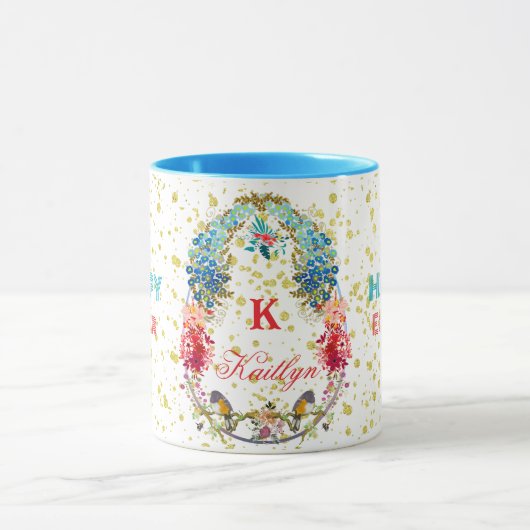 Gelukkige Pasen Bloemen Decoratieve Monogram Typog Mok (Midden)