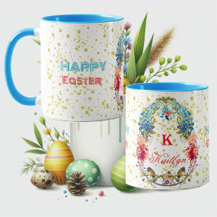 Gelukkige Pasen Bloemen Decoratieve Monogram Typog Mok