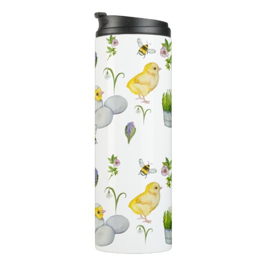 Gelukkige Pasen chick en lente bloemen Thermosbeker (Geroteerd rechts)