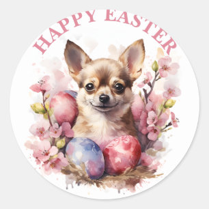 Gelukkige Pasen Chihuahua Eieren en Bloemen - Ronde Sticker