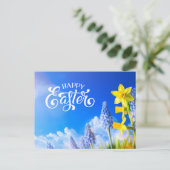 Gelukkige Pasen Daffodils, Lente Bloem Blauwe Bloe Briefkaart (Staand voorkant)