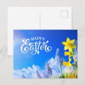 Gelukkige Pasen Daffodils, Lente Bloem Blauwe Bloe Briefkaart (Voorkant / Achterkant)