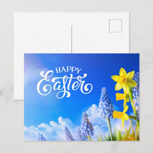 Gelukkige Pasen Daffodils, Lente Bloem Blauwe Bloe Briefkaart (Voorkant / Achterkant)
