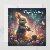 Gelukkige Pasen Fantasie Kunst Konijntje Bloemtuin Feestdagenkaart (Voorkant)