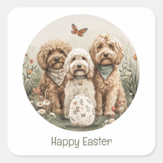 Gelukkige Pasen Goldendoodle Honden Vierkante Sticker (Voorkant)