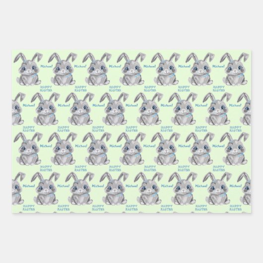 Gelukkige Pasen Jongens Konijnenkonijn Blauw en Gr Inpakpapier Vel (Voorkant 3)