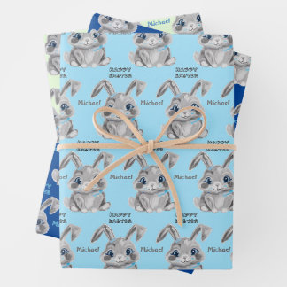 Gelukkige Pasen Jongens Konijnenkonijn Blauw en Gr Inpakpapier Vel