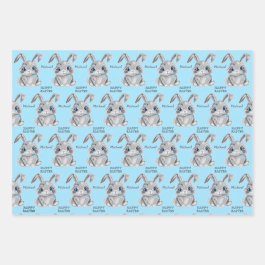 Gelukkige Pasen Jongens Konijnenkonijn Blauw en Gr Inpakpapier Vel (Voorkant)