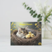 Gelukkige Pasen Kat met kuikens Briefkaart (Staand voorkant)
