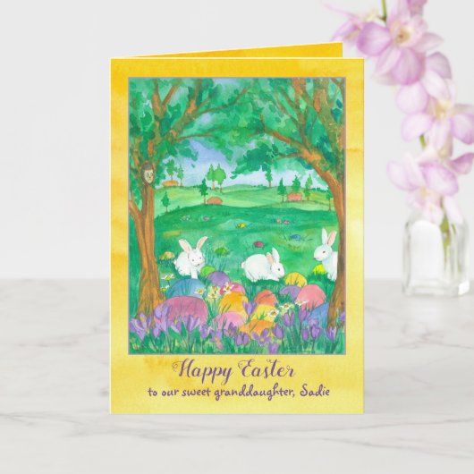 Gelukkige Pasen Kleindochter Konijnen Aangepaste N Kaart (Orchidee)
