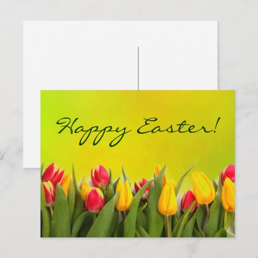Gelukkige Pasen Kleurrijke Lente Tulpen Geel Groen Feestdagenkaart (Voorkant / Achterkant)