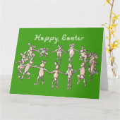 Gelukkige Pasen Stof Lettertype Konijntjes Dansen Kaart (Gele Bloem)