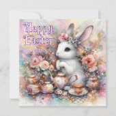 Gelukkige Pasen thee tijd vreugde met bloemenkonij Feestdagenkaart (Voorkant)